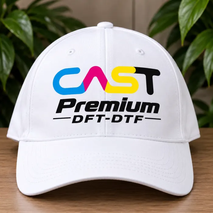 หมวกแก๊ปสีขาวสกรีนโลโก้ CAST Premium ด้วยฟิล์ม DTF